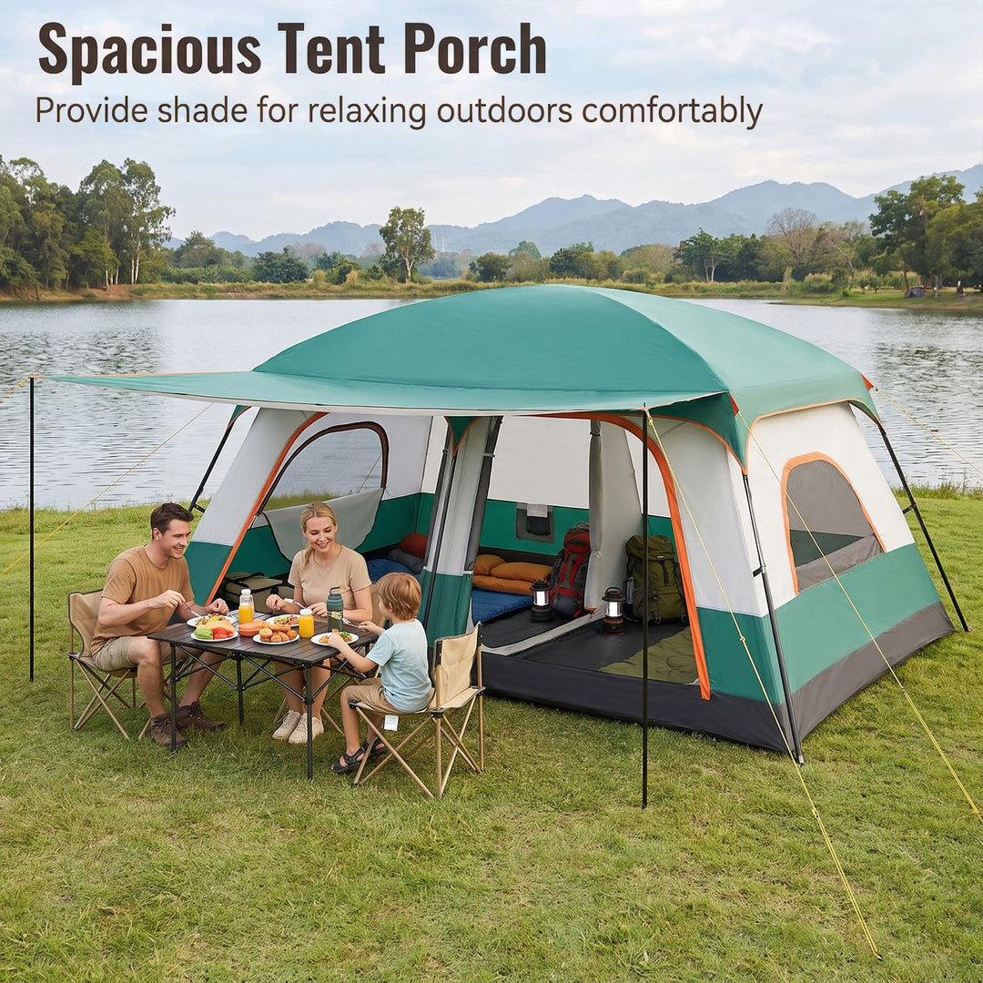4-10 Person Camping Tent in Green Color with Porch and 2 Rooms for Backpacking