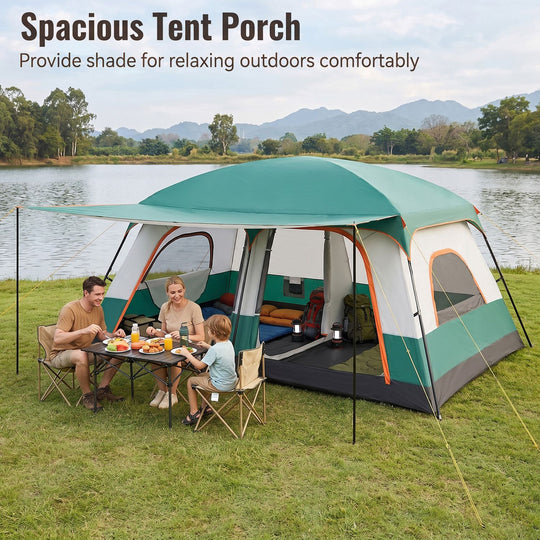 4-10 Person Camping Tent in Green Color with Porch and 2 Rooms for Backpacking