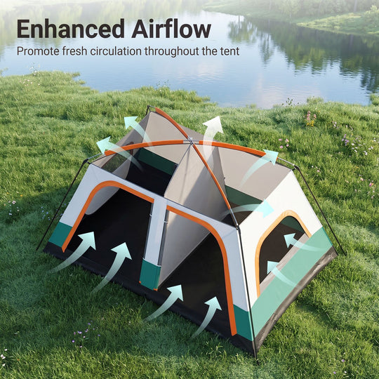 4-10 Person Camping Tent in Green Color with Porch and 2 Rooms for Backpacking