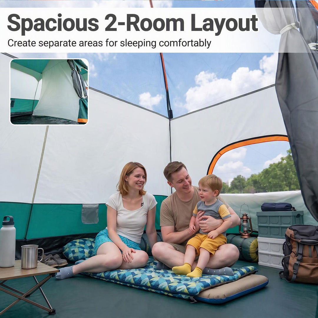 4-10 Person Camping Tent in Green Color with Porch and 2 Rooms for Backpacking