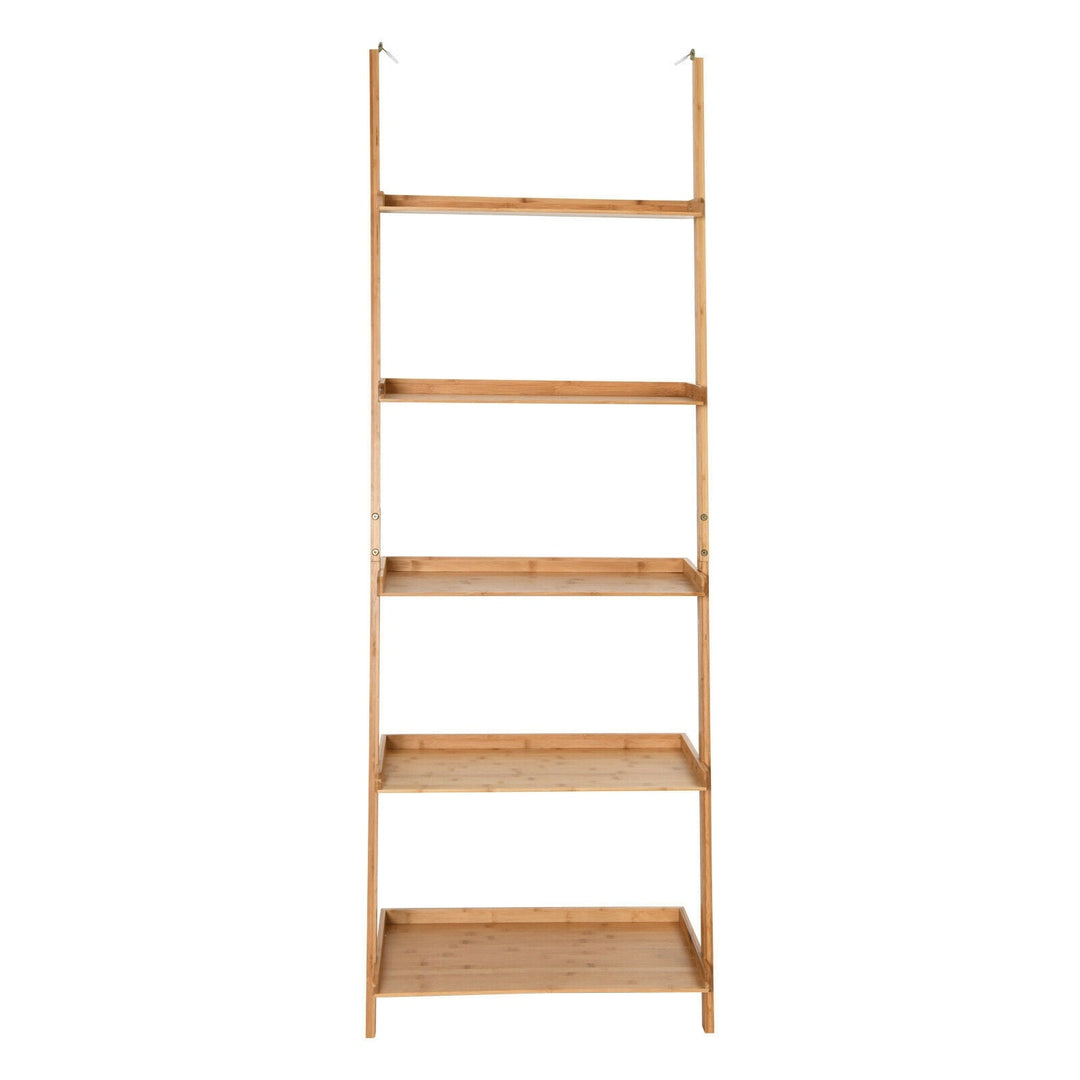 5-Tier Ladder Shelf Bamboo Bookshelf Wall-Leaning Storage Display Plant Stand-Natural