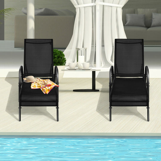 2 Pcs Outdoor Patio Lounge Chair Chaise Fabric with Adjustable Reclining Armrest-Brown