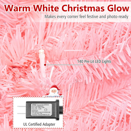 6 FT Pre-Lit Pink Christmas Tree with 500/250/140/750 Warm White LED Lights