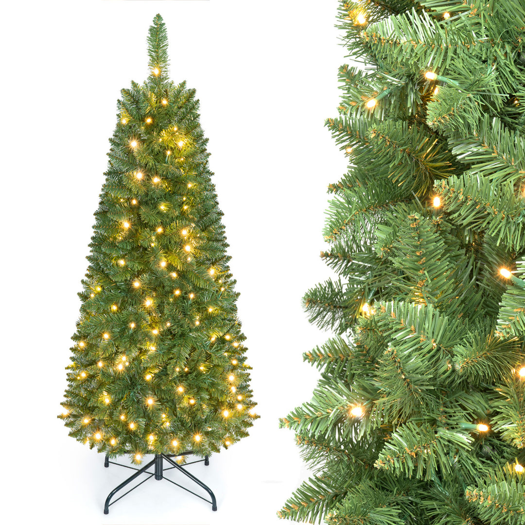 4.5 ft Pre-Lit Premium Hinged Artificial Fir Pencil Christmas Tree with LED Lights-Green
