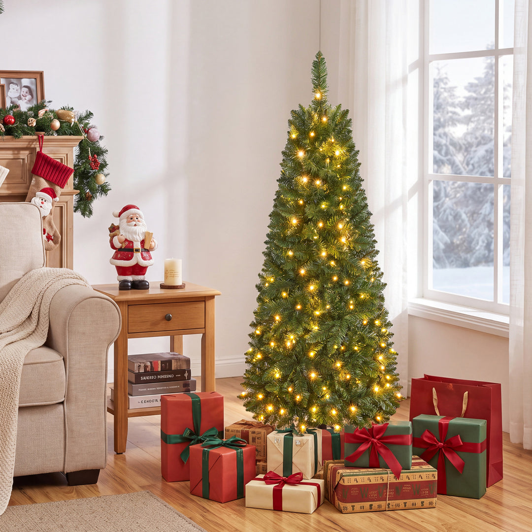 4.5 ft Pre-Lit Premium Hinged Artificial Fir Pencil Christmas Tree with LED Lights-Green