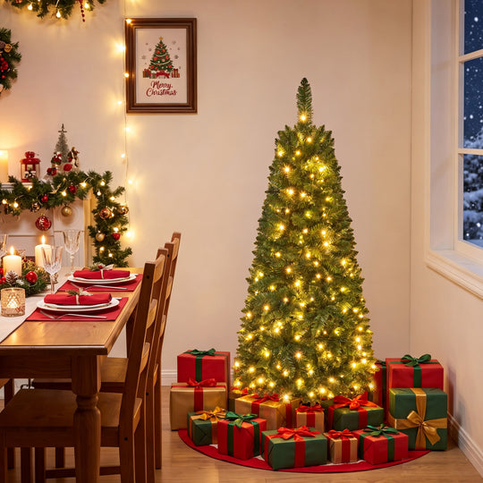 4.5 ft Pre-Lit Premium Hinged Artificial Fir Pencil Christmas Tree with LED Lights-Green