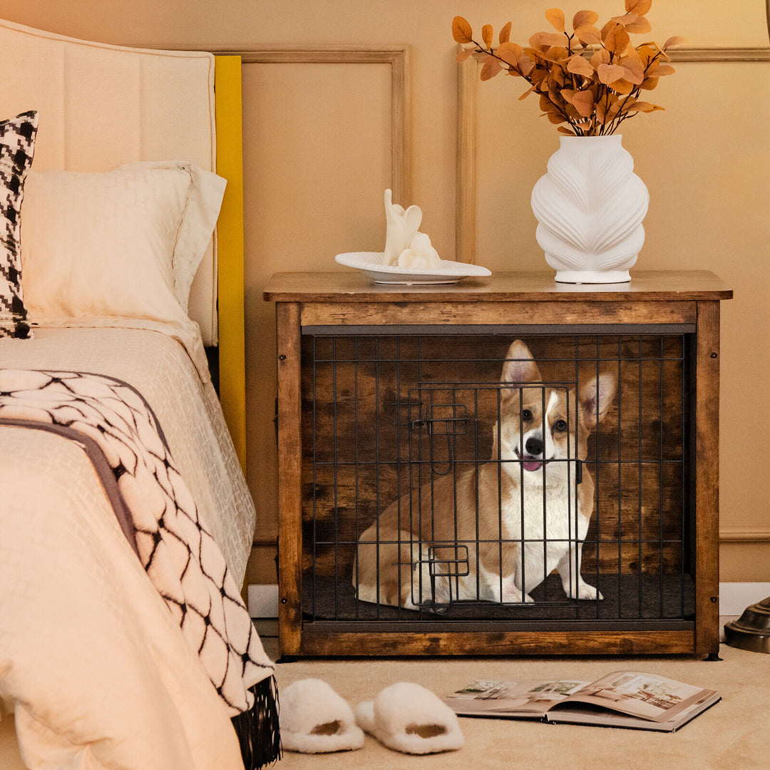 Wooden Dog Crate Furniture with Double Door and Tray-Brown