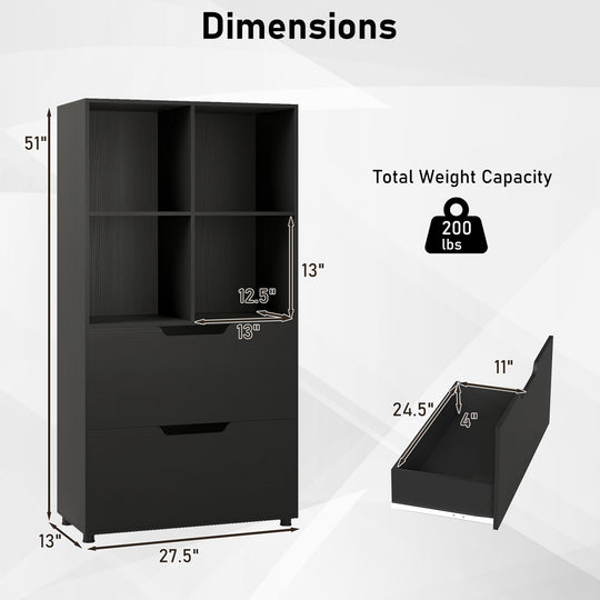 4-Cube Bookcase with 2 Drawers 51 inch 5-Tier Tall Freestanding Bookshelf