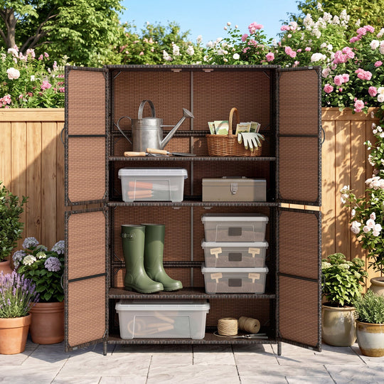 Rattan Vertical Storage Shed with Adjustable Shelves