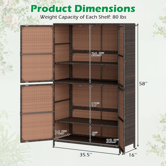Rattan Vertical Storage Shed with Adjustable Shelves