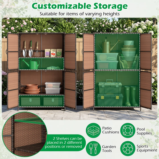 Rattan Vertical Storage Shed with Adjustable Shelves