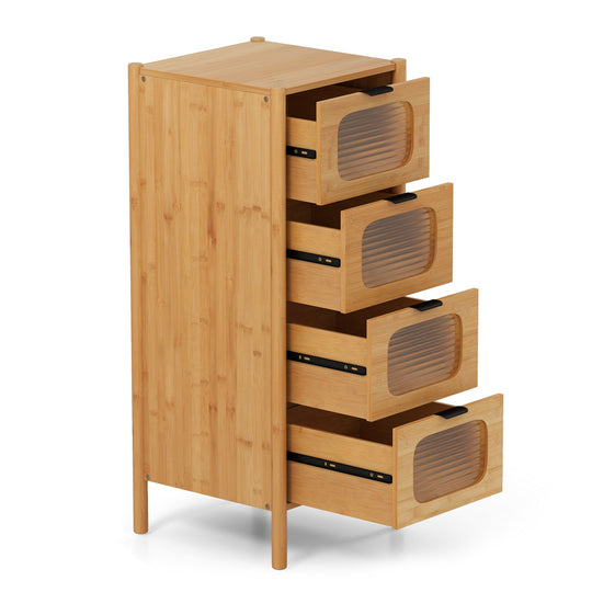 4-Drawer Dresser Bamboo Storage Cabinet with Fluted Tempered Glass Drawers-Natural