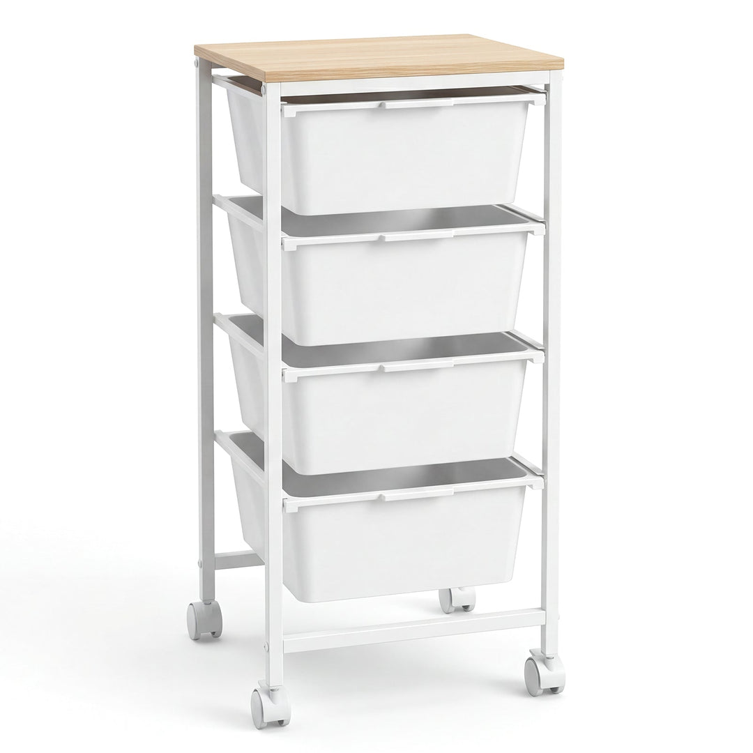 4-Drawer Rolling Storage Cart Mobile Utility Organizer with Wooden Tabletop and Lockable Wheels-White