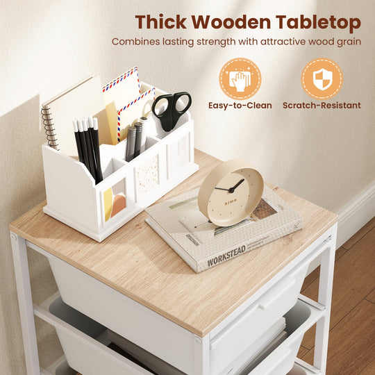 4-Drawer Rolling Storage Cart Mobile Utility Organizer with Wooden Tabletop and Lockable Wheels-White