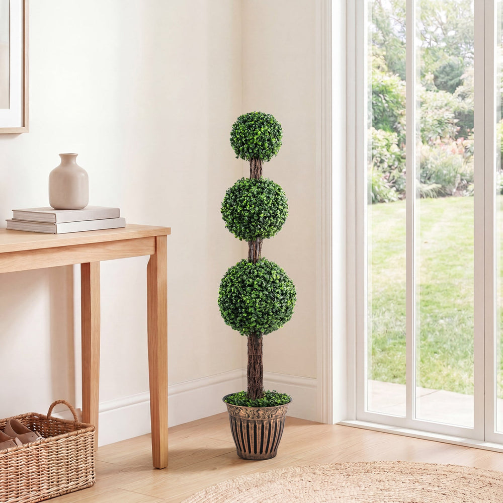 4 FT Artificial Triple Ball Boxwood Tree with Cement-filled Retro Planter