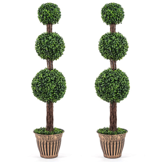 4 FT Artificial Triple Ball Boxwood Tree with Cement-filled Retro Planter Set of 2