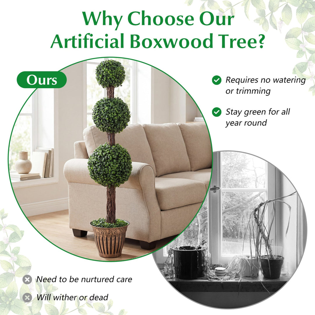 4 FT Artificial Triple Ball Boxwood Tree with Cement-filled Retro Planter Set of 2