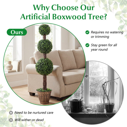 4 FT Artificial Triple Ball Boxwood Tree with Cement-filled Retro Planter Set of 2