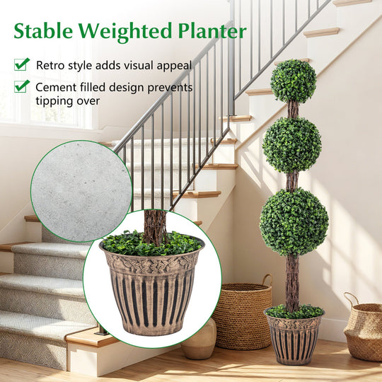 4 FT Artificial Triple Ball Boxwood Tree with Cement-filled Retro Planter Set of 2