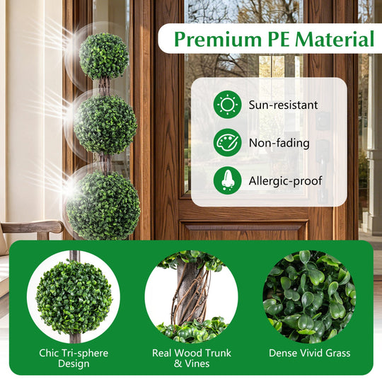 4 FT Artificial Triple Ball Boxwood Tree with Cement-filled Retro Planter Set of 2