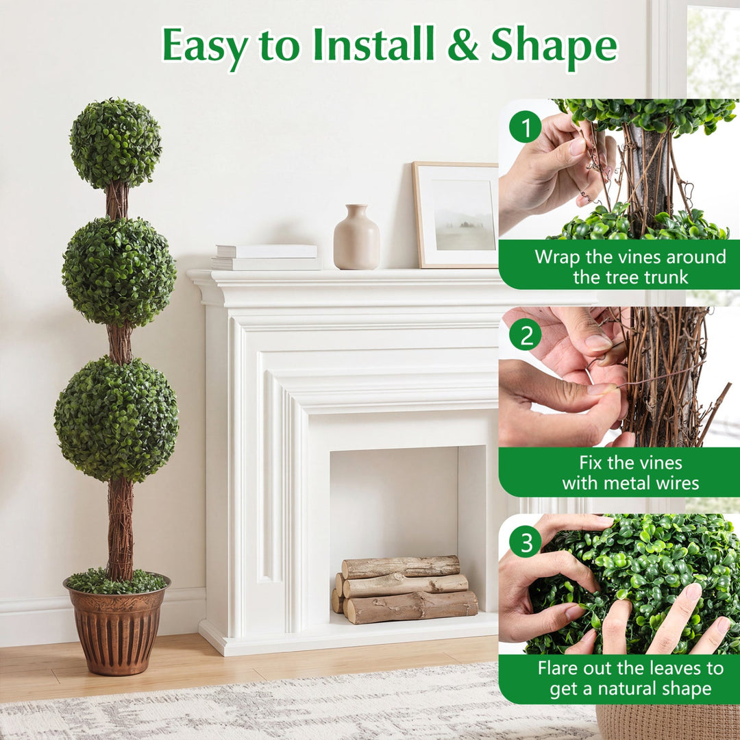 4 FT Artificial Triple Ball Boxwood Tree with Cement-filled Retro Planter Set of 2