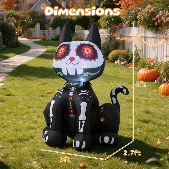 4 FT Day of the Dead Inflatable Skull Cat with LED Light for Halloween
