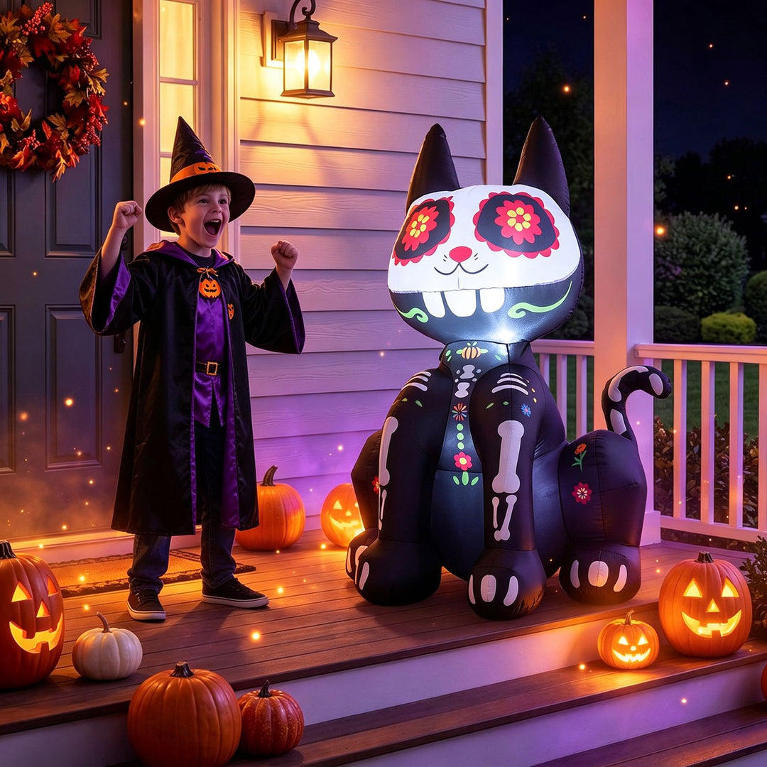 4 FT Day of the Dead Inflatable Skull Cat with LED Light for Halloween