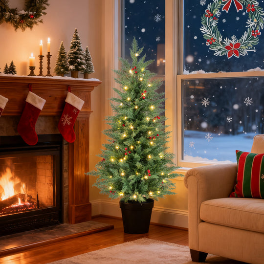 4 FT Pre-lit Christmas Trees with 70 Warm White LED Lights and 173 Branch Tips 2 Pack