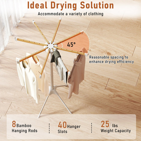 4 Legs Foldable Clothes Drying Rack with 8 Bamboo Hanging Rods and 40 Hanger Slots