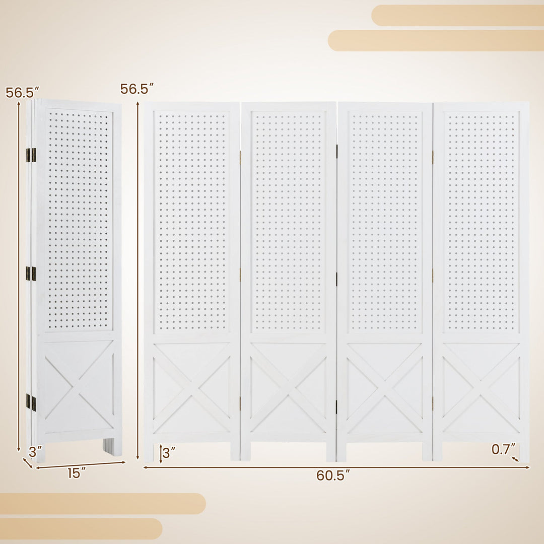 4-Panel Pegboard Display Stand Folding Room Divider with Solid Wood Frame-White