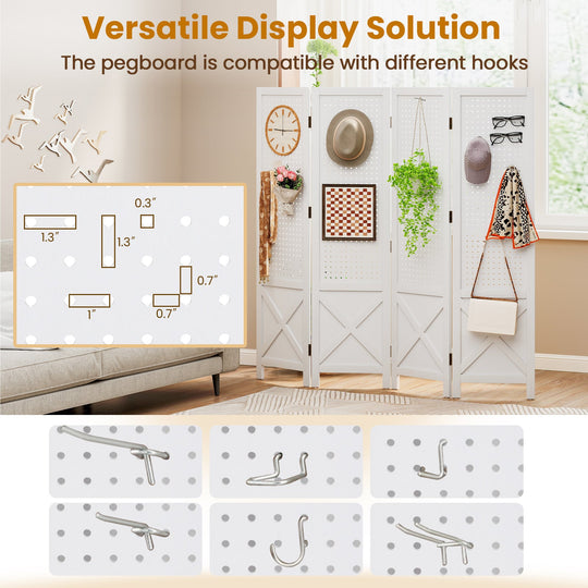 4-Panel Pegboard Display Stand Folding Room Divider with Solid Wood Frame-White