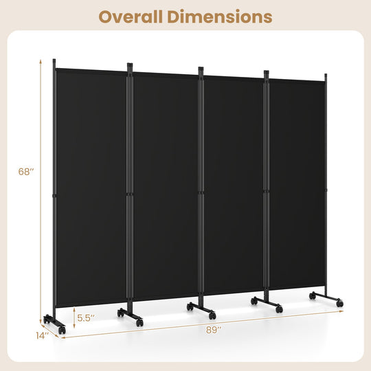 4-Panel Room Divider with Lockable Wheels - 87" x 68"
