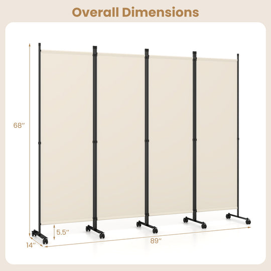 4-Panel Room Divider with Lockable Wheels - 87" x 68"