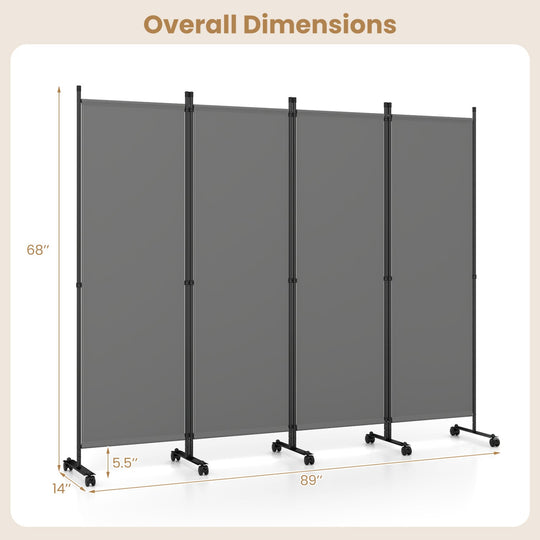 4-Panel Room Divider with Lockable Wheels - 87" x 68"