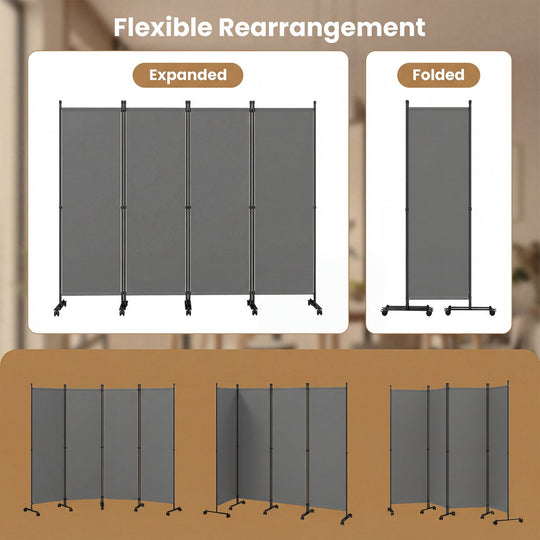 4-Panel Room Divider with Lockable Wheels - 87" x 68"
