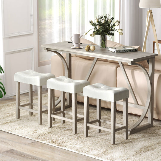 4-Piece Bar Table Set with Power Outlet and Upholstered Saddle Seat Stools-Grey and Beige