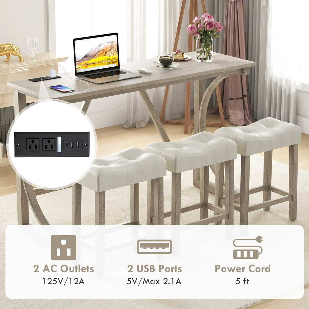 4-Piece Bar Table Set with Power Outlet and Upholstered Saddle Seat Stools-Grey and Beige
