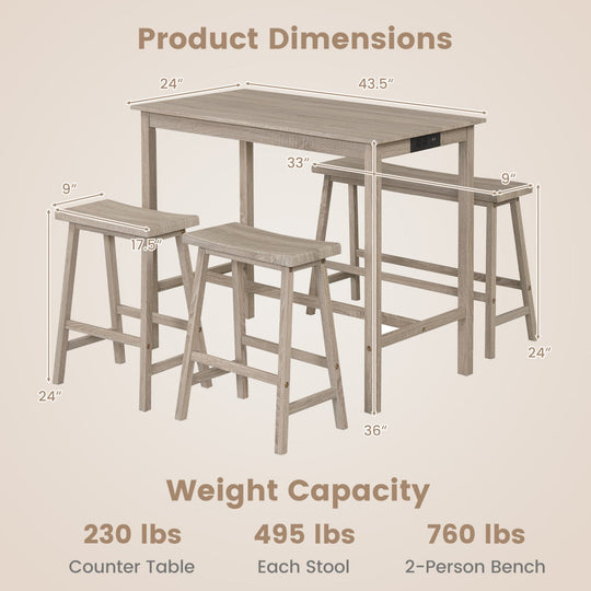 4-Piece Counter Height Dining Table Set with Power Outlet Solid Rubber Wood Kitchen Table