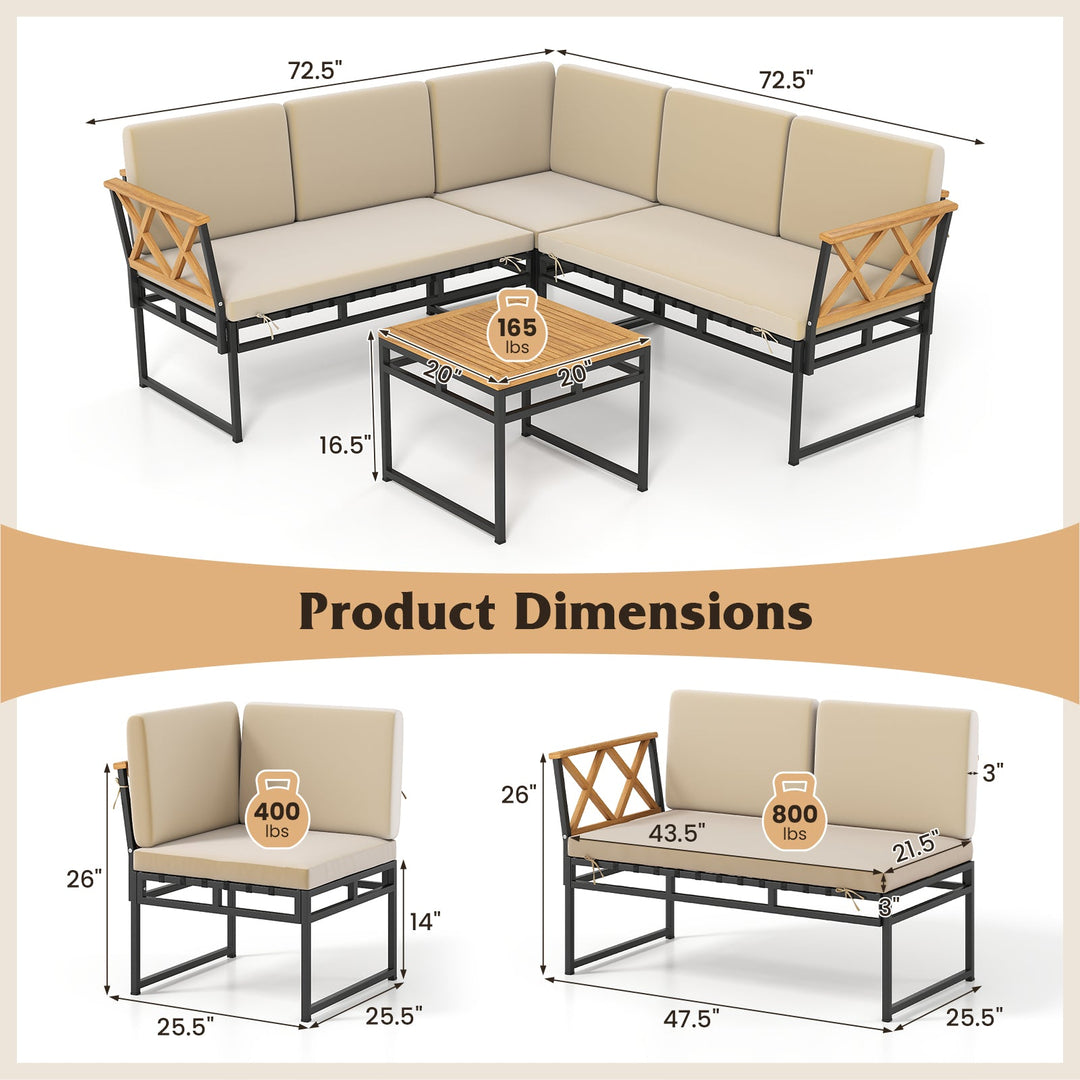 4 Pieces Patio L-Shaped Sofa Set with Cushions and Side Table-Brown