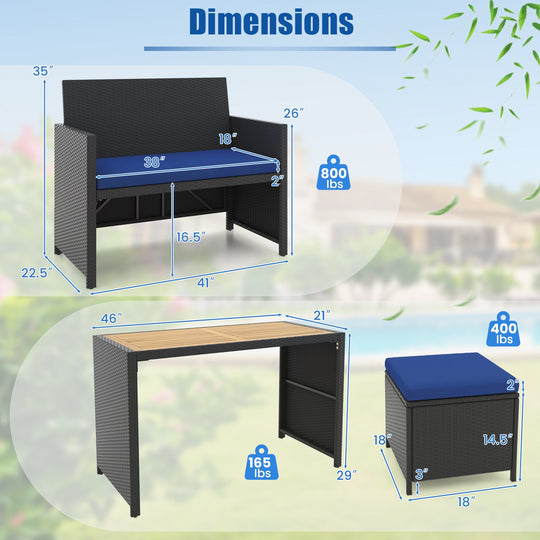 4 Piece Outdoor Dining Set with Wood Topped Dining Table  Rattan Loveseat Chair and 2 Ottomans-Navy