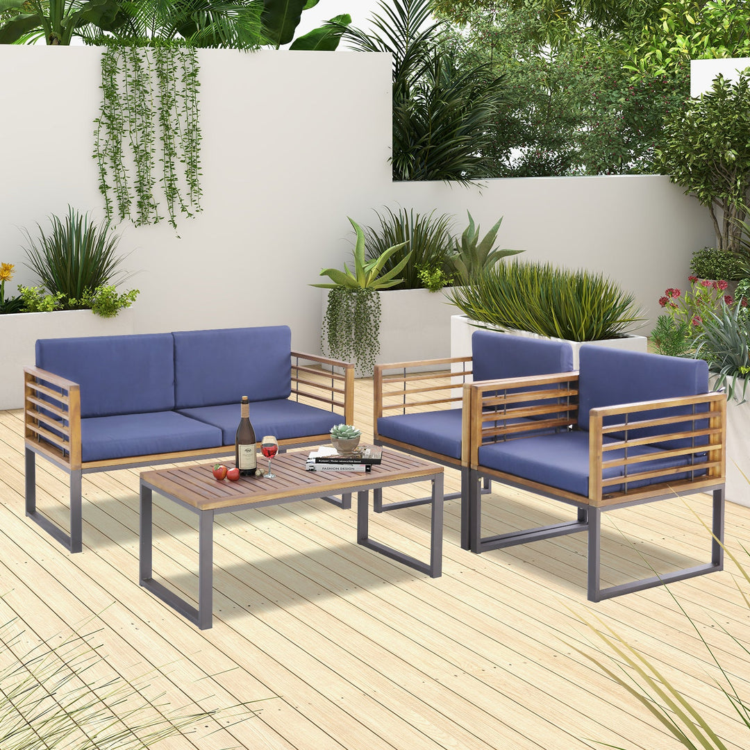 4 Piece Patio Acacia Wood Conversation Set with Soft Seat-Navy