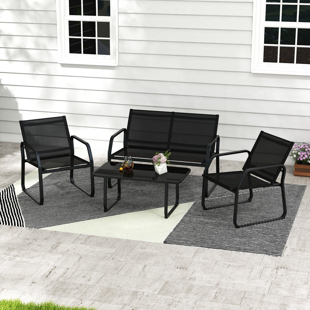 4 Pieces Patio Conversation Set with Breathable Fabric Seat and Tempered Glass Tabletop-Black