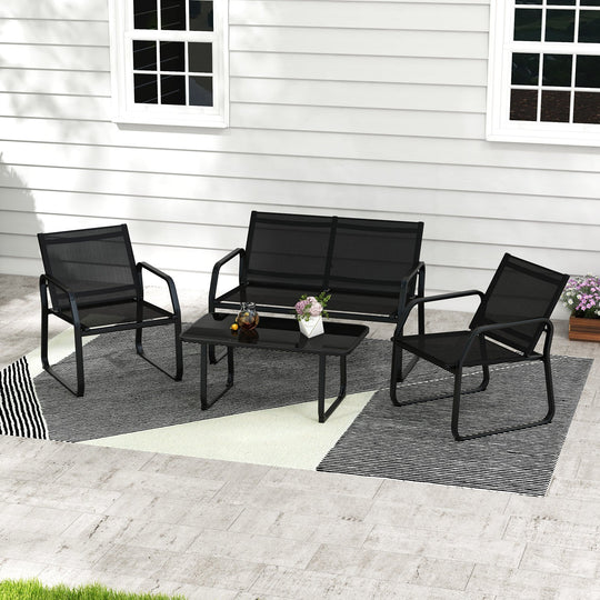 4 Pieces Patio Conversation Set with Breathable Fabric Seat and Tempered Glass Tabletop-Black