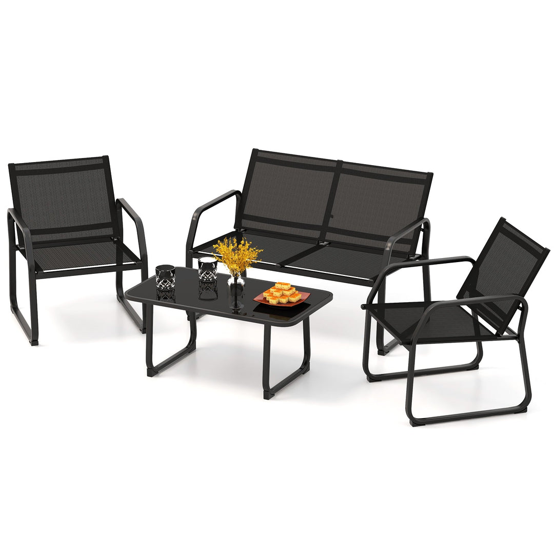4 Pieces Patio Conversation Set with Breathable Fabric Seat and Tempered Glass Tabletop-Black