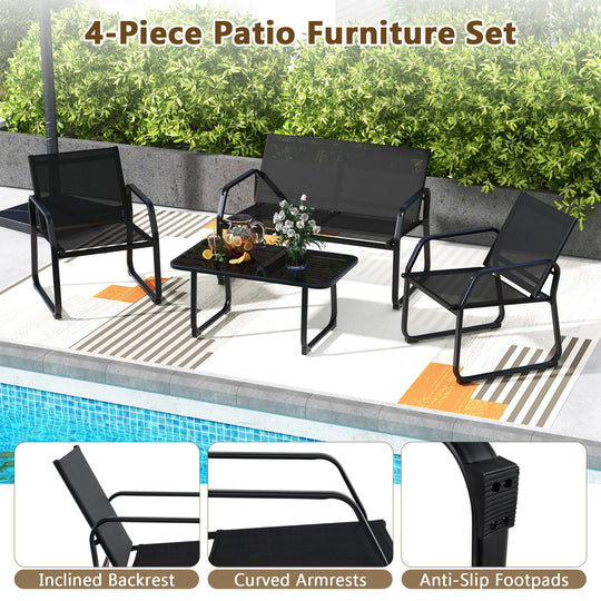4 Pieces Patio Conversation Set with Breathable Fabric Seat and Tempered Glass Tabletop-Black