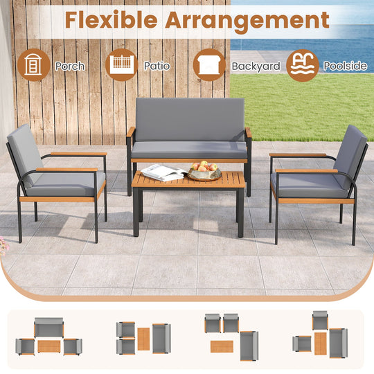 4 Piece Patio Furniture Set with Coffee Table and Loveseat with Removable Cushions-Gray