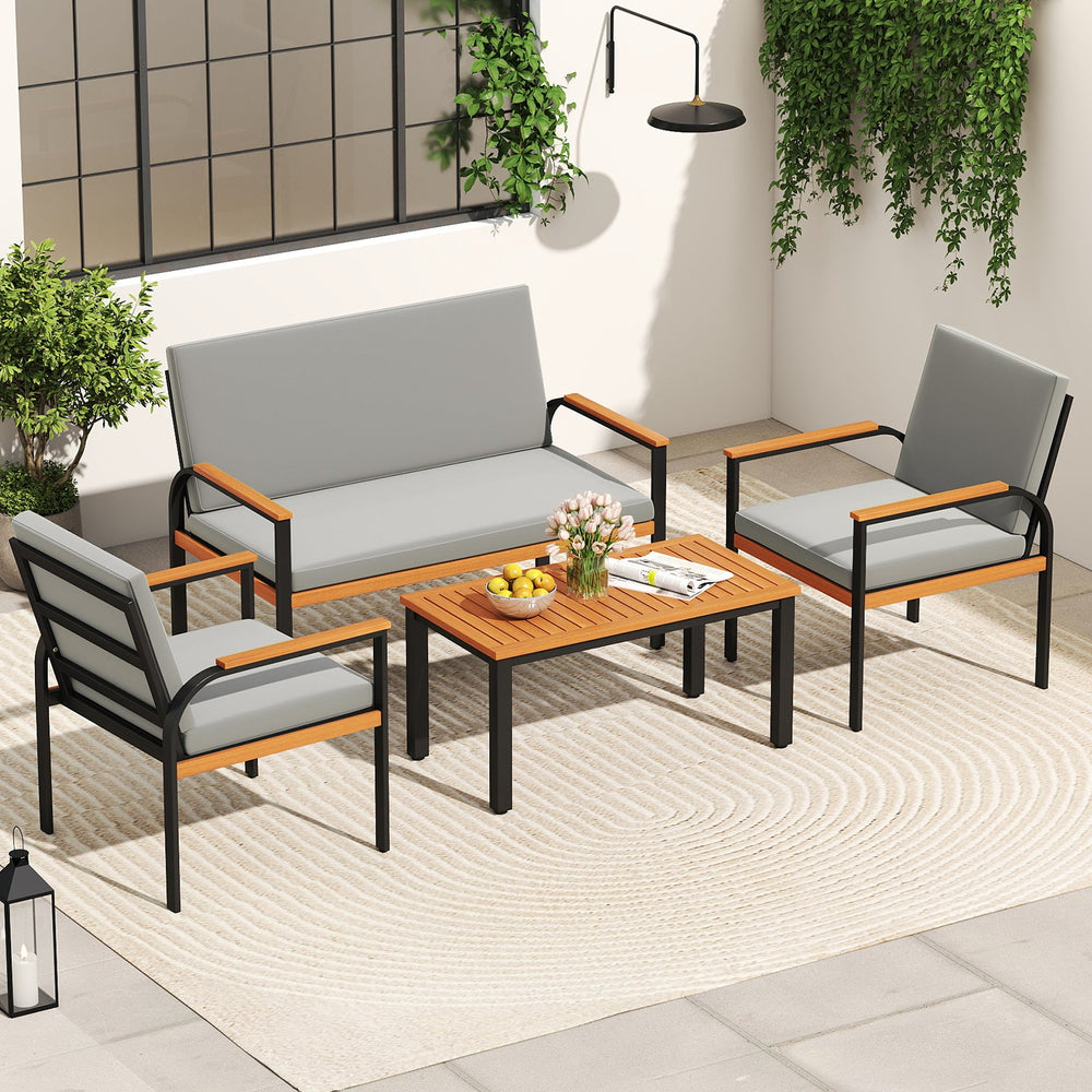 4 Piece Patio Furniture Set with Coffee Table and Loveseat with Removable Cushions-Gray