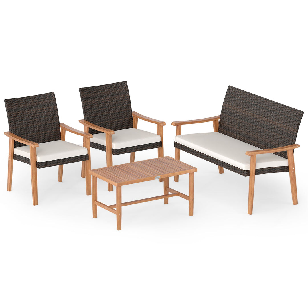 4 Piece Patio Furniture Set PE Rattan Porch Chairs with Acacia Wood Coffee Table and Soft Cushions-White