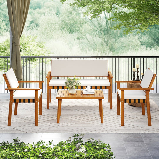 4 Piece Patio Furniture Set with Coffee Table for Backyard and Garden-White