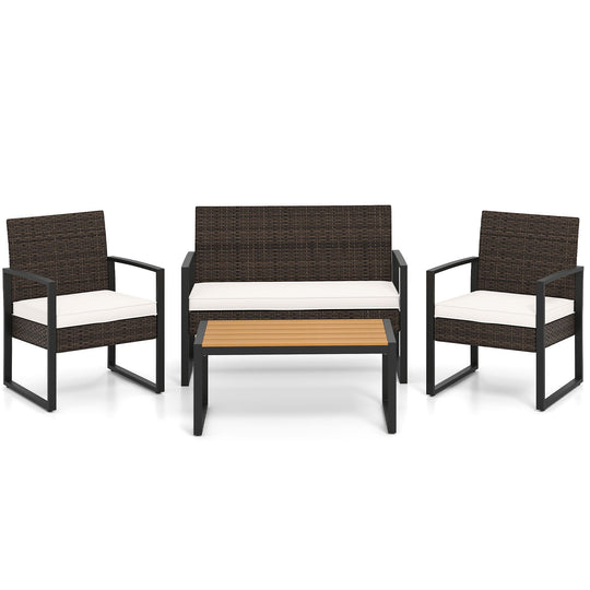 4 Piece Patio Furniture Set Outdoor Rattan Conversation Set with Cushioned Chairs and Wood Plastic Coffee Table-Off White